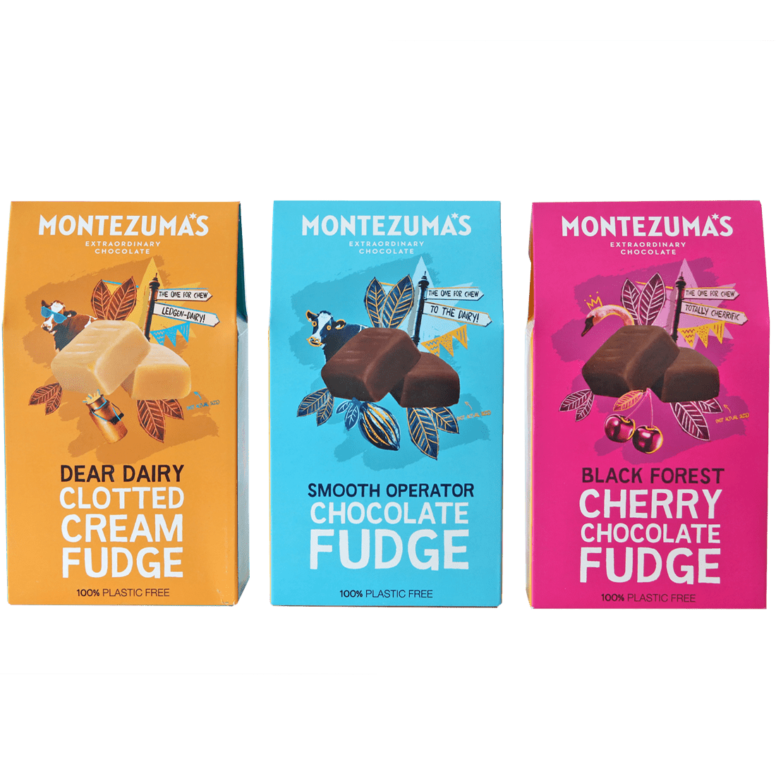 all three of the flavours in our fudge collection. chocolate, cherry and clotted cleam