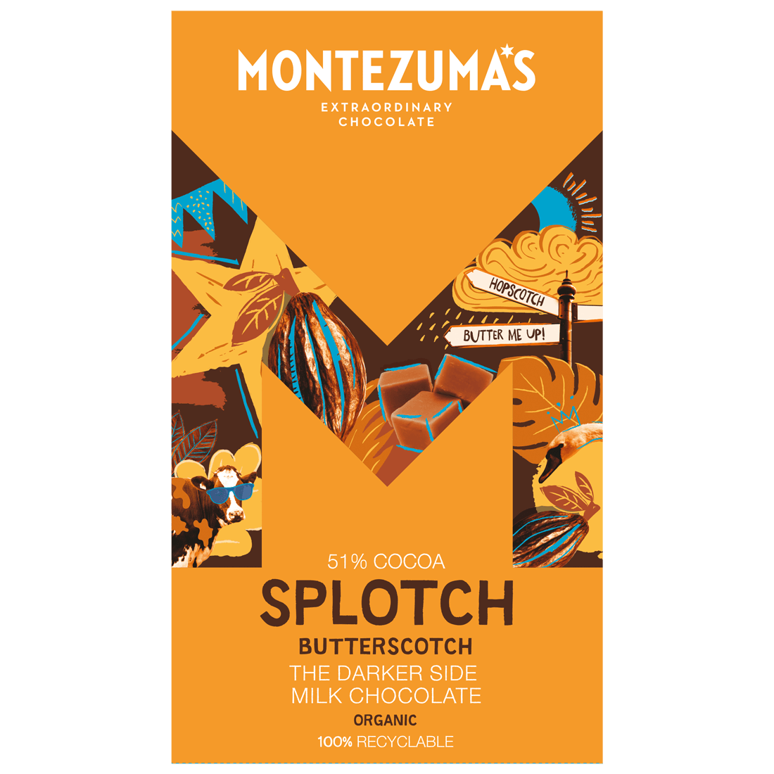 Giant chocolate bar - 300g. Darkside 51% milk chocolate with butterscotch. Golden yellow rectangluar carton with a large Montezuma's 'M' logo on the front. The logo contains images such as a cocoa pod, a cow wearing sunglasses and butterscotch pieces.