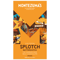 Giant chocolate bar - 300g. Darkside 51% milk chocolate with butterscotch. Golden yellow rectangluar carton with a large Montezuma's 'M' logo on the front. The logo contains images such as a cocoa pod, a cow wearing sunglasses and butterscotch pieces.