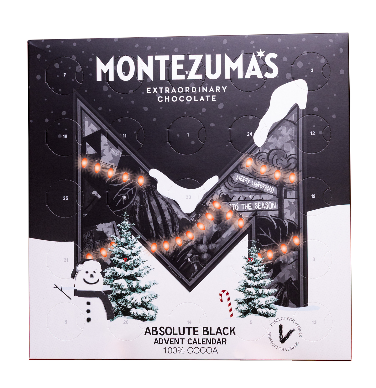Montezuma's Extraordinary Chocolate Advent Calendar in 'Absolute Black' flavor, featuring a festive winter-themed design with a large letter 'M' shaped like a mountain, decorated with Christmas trees, a snowman, and warm string lights.