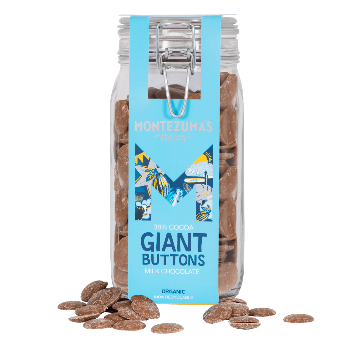 milk chocolate button jar with a blue sleeve 