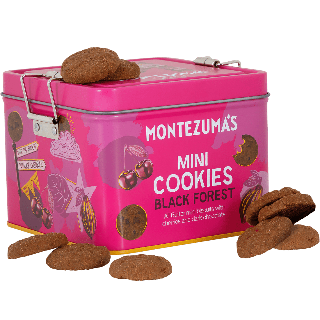 Montezuma's All Butter Dark Chocolate and Cherry Mini Cookies in reusable  pink tin 200g