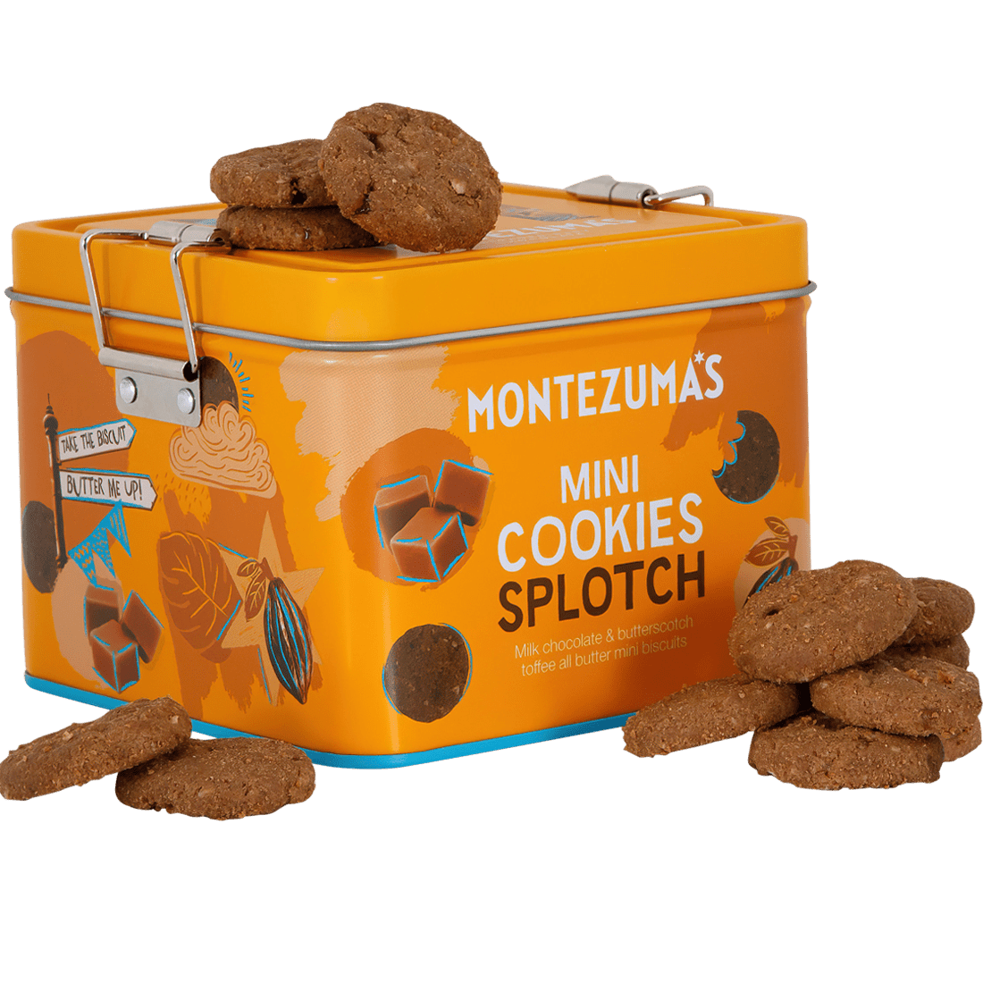 Montezuma's All Butter Milk Chocolate & Butterscotch Toffee Mini Biscuits in a yellow reusable gift tin