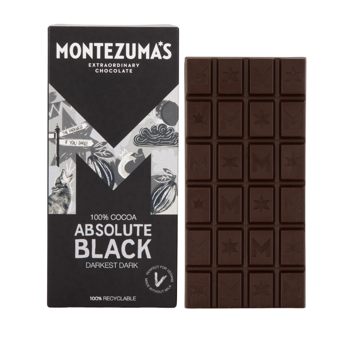 Montezuma's Absolute Black chocolate bar. 100% Cocoa. 90g.