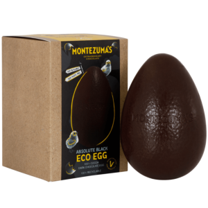 100% cocoa, Absolute Black chocolate eco Easter egg - in a brown craft box, with a blue sleeve, this egg uses a minimal amount of packaging and it is all recyclable! 