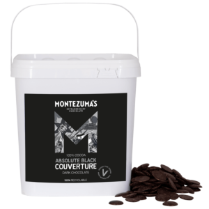 Absolute black 100% cocoa coverture - cooking chocolate in a re-usable white tub 