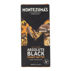 100% cocoa absolute black, peanut butter chocolate bar. Black box with peanuts in the 'm' montezuma's logo. 