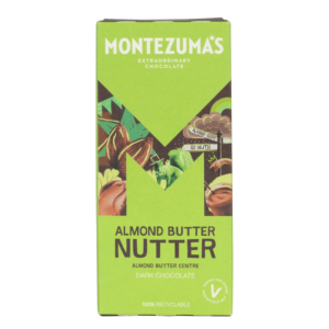 Dark chocolate almond nut butter bar, green carton with almond images in the Montezuma's 'M' logo