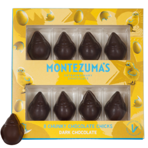 dark chocolate chunky solid easter chicks, in a yellow box with a clear window