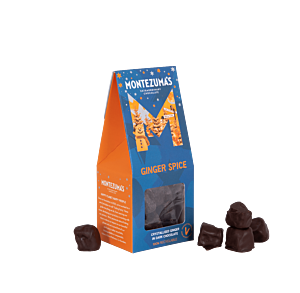 dark chocolate enrobed ginger chunks, in a dark blue carton with stars and orange sides 