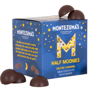 milk chocolate salted caramel half moonie solid chocolate bumps. dark blue box with yellow gold stars and planets in our 'M' logo