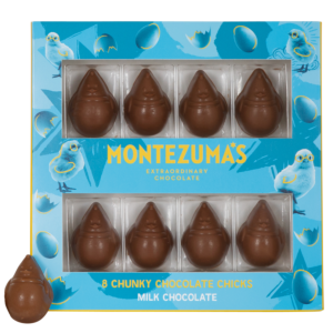 milk chocolate chunky solid easter chicks, in a blue box with a clear window