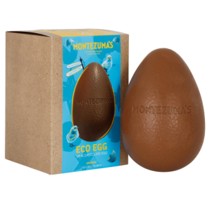 organic milk chocolate eco egg - in a brown craft box, with a blue sleeve, this egg uses a minimal amount of packaging and it is all recyclable! 