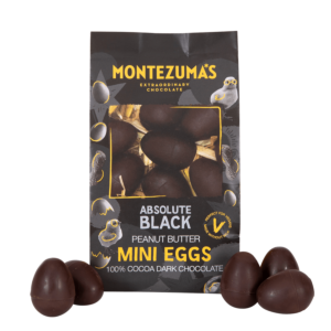 100% cocoa peanut butter chocolate mini eggs in black packet