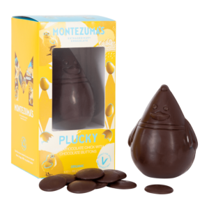 Plucky - dark chocolate vegan Easter choc with buttons. In a yellow box
