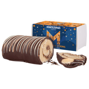 chocolate marizpan stollen in a white box with a blue starry montezuma's branded sleeve, with yellow detail. 