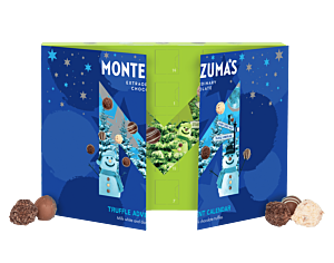 chocolate truffle advent calendar. In festive blue and green packaging with a chocolate truffle behind each window