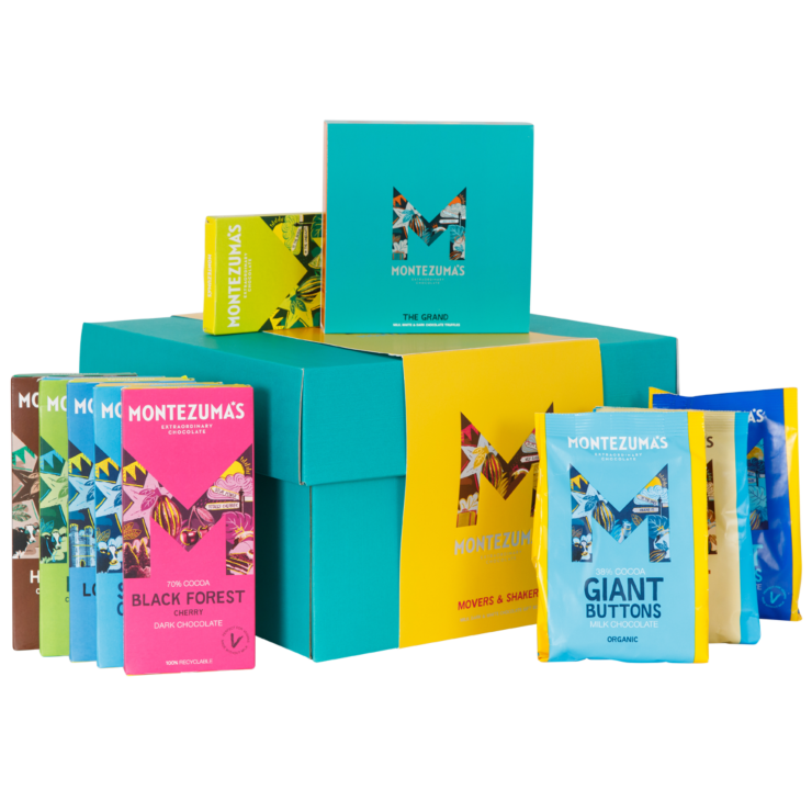 Movers & Shakers chocolate gift box - Teal box with yellow sleeve. Filled with a selection of our best selling flavoured chocolate bars, truffles and buttons 