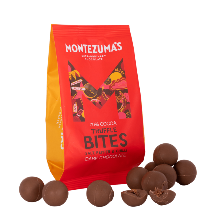 dark chocolate salt pepper and chilli truffle bites in a red packet
